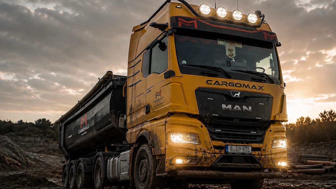 Gelber MAN-Sattelzug von CARGOMAX mit Kippmulde im Kieswerk bei Sonnenuntergang
